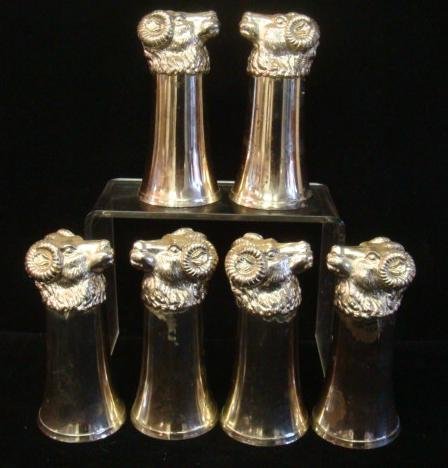 Six Silver-plate Ram Head Toasting Stirrup Cups/Goblet:: Six Silver-plate Ram Head Toasting Stirrup Cups/Goblet: Standing on Its Head with Gold wash on the Interior, Curled Horns w/Textured Surface to Simulate Hair. Some Plate Wear. They Measure 6"T With a 