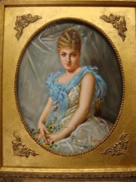 Artist Signed Portrait Oil on Board:: Artist Signed Portrait Oil on Board: Signed LR Gary Loell??. Seated Blond in Formal Gown with Flowers. Carved Gold Gesso Frame with 9 1/2" X 7 1/2" Oval Opening and Bead Liner. 15" X 17" Overall. (100