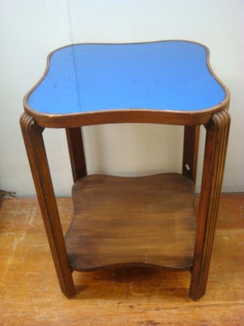 Art Deco 1940's Blue Mirror Top Side Table:: Art Deco 1940's Blue Mirror Top Side Table: Maple and Mahogany Frame. The Top with Rounded Corners Framing Blue Mirror Top, Fluted Legs. Lower Shelf Shape Conforms to Table Top. Some Silvering Missing