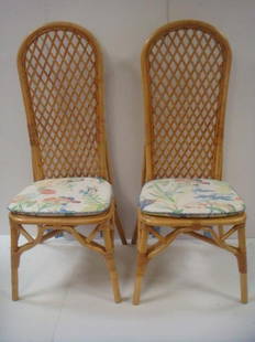 Pair of High Back Bamboo Chairs:: Pair of High Back Bamboo Chairs: Rounded Top, Cross Back w/Rush Seats In Natural Finish, Bentwood Supports Around Base w/Rattan Accents. Includes Tie Back Cushions Featuring Tropical Fish on White