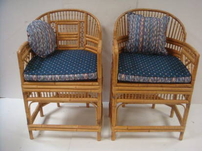 Pair THOMASVILLE Chinese Chippendale Revival Arm: Pair THOMASVILLE Chinese Chippendale Revival Arm Chairs: Rounded Back & Arms, Patterned Splats & Slats with Cane Seat and Supported by Round Legs w/Double Stretcher Base. Includes Patterned Cushion &