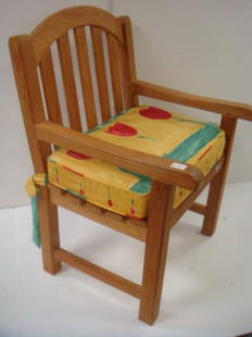 Classic Teak Armchair by OUTDOOR DESIGN CO:: Classic Teak Armchair by OUTDOOR DESIGN CO: From Danbury, CT #E-3; Slightly Curved Top Rail & Arms. 5 Slat Back & Seat w/Single Side Stretcher Base. Includes Tie Back Yellow Cushion w/Red Tulips.