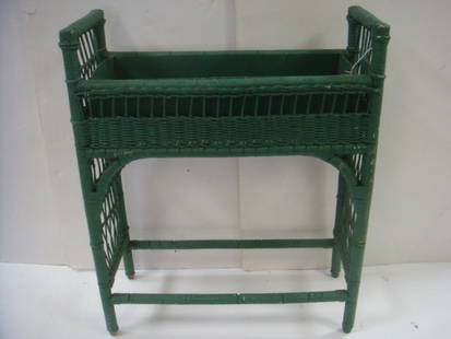 Vintage Forest Green Wicker Planter:: Vintage Forest Green Wicker Planter: 20th C. Rectangular Double Handled Planter w/Wrapped Handles and Base. 34"T X 28"L X 11"W X 61/2" Deep. Includes Metal Liner. (100-200)