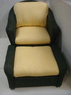 LLOYD LOOM Wicker Chair and Ottoman:: LLOYD LOOM Wicker Chair and Ottoman: From Reflections Coll. Companion to Item 7. Forest Green All Weather Wicker w/Rounded Back/Sides & Braided Braided Edge. Ottoman has Unique "U" Shape w/Yellow &