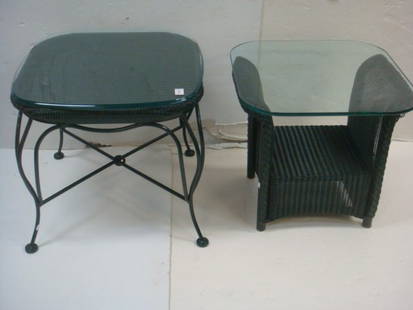 Two LLOYD LOOM Wicker Glass Topped Tables:: Two LLOYD LOOM Wicker Glass Topped Tables: Companion Tables to Items 7 & 8. Forest Green All Weather Tables Topped With Glass. Steel Constructed, Woven Top & Quad Legs. 21"T X 24" X 24". Second Table