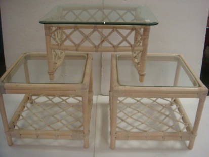 Three White-Washed Bamboo & Rattan Side Tables:: Three White-Washed Bamboo & Rattan Side Tables: Glass Topped Tables with Open Weave Design on Sides. Nice Addition to any Patio or 3 Season Room. (100-200)