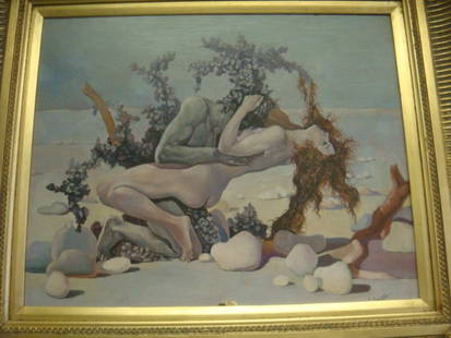 Signed W PAXTON Oil on Board FANTASY Male & Female:: Signed W PAXTON Oil on Board FANTASY Male & Female: Signed LR, Nude Male & Female on Beach, Wrapped in Seaweed. Image Measures 16" X 20" in 5" Gold Frame with Acanthus Corners. (200-400)