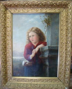 Unsigned 19th C. Oil on Canvas Portrait of Young Girl:: Unsigned 19th C. Oil on Canvas Portrait of Young Girl: Young Lady in Blue w/White Basket Resting on Column. Removed From Frame, Small Hole in Hair, 4 Patches on Reverse. Measures 17" X 12" in 3"