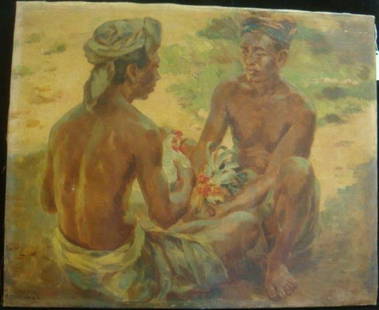 KV MAYR Oil on Canvas of Bali Men with Gamecocks:: KV MAYR Oil on Canvas of Bali Men with Gamecocks: Signed LL, Bali 1932, Karl Viktor was Listed Austrian Artist 1882-1974. Fights Known as "Tajen" Are Religious & Protected in Bali. Stretched Canvas