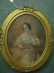 Unsigned Pastel Of Seated Female on Vellum:: Unsigned Pastel Of Seated Female on Vellum: Not Removed from Frame. Lady Shown in Fashionable Hairstyle & Gown. Some Pencil Lines Seen Under Application of Color. Measures 19" X 15" Oval Under Glass