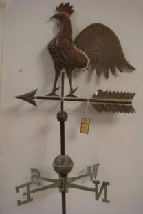 Vintage Molded Copper Rooster Weather Vane:: Vintage Molded Copper Rooster Weather Vane: Indoor/Outdoor Folk Art With Spacer Ball, Directional, Assembly Rod & Attachment Bracket. Oxidized Copper with Swelled Full Body. An American Classic.