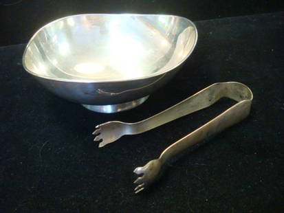 GORHAM Sterling Silver Bowl and RB Co. Tongs:: GORHAM Sterling Silver Bowl and RB Co. Tongs: Ca 1958 Bowl #958 Triangular Shape with Round Short Pedestal Foot. Original Foil Label. 2 1/2"T. 6 3/4"D. R-B Co Sterling Tongs #3149 are 5 5/8"L. 10.74