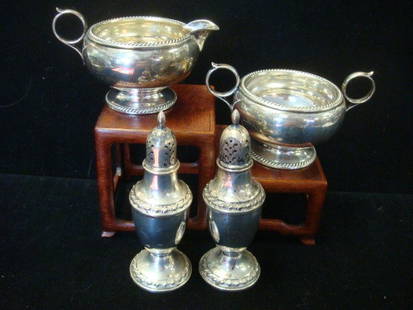 FISHER Sterling Sugar & Creamer, Rogers Shakers:: FISHER Sterling Sugar & Creamer, Rogers Shakers: Open Sugar & Creamer with "Rope" Rims and Ring Handles are 2 7/8"T. Rogers Salt and Pepper Shakes with Weighted Bases are 5 3/8"T. Some Silver Loss on