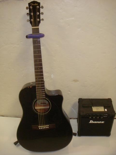 FENDER Acoustic/Electric Guitar and IBANEZ Amplifier:: FENDER Acoustic/Electric Guitar and IBANEZ Amplifier: Black Dreadnought CD60CE Cutaway w/Spruce Top, MOP Acrylic Rosette Design, White Bridge Pins & Dot Fingerboard Inlays. Fishman Pick-up System w/on