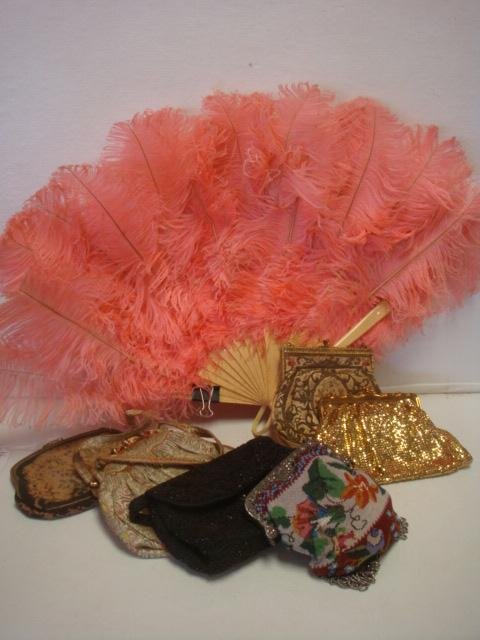 Six Vintage Evening Bags, Fan & Lace:: Six Vintage Evening Bags, Fan & Lace: 20 Rib Antique Ostrich Pink Feather Folding Fan. Seed Bead Floral Purse, Belonged to Henrietta Steele Sommers b.1800 (Some Repairs & Tears). Black Lace From Dress