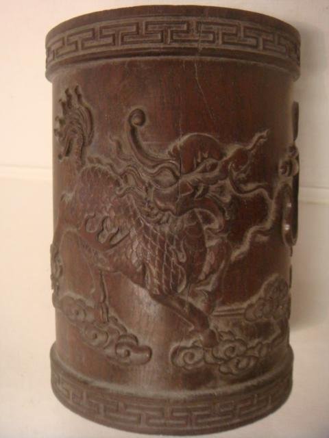 Rosewood Paint Pot and Jade and Wood Handle Brush Pen:: Rosewood Paint Pot and Jade and Wood Handle Brush Pen: Carved Rosewood Pot with Greek Key Pattern at Top and Bottom with Mythological Animals. 6"T, 4 1/4"W. Scroll Paint Brush with Mao Bi (Fur Hair), 