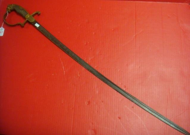 19th Century GERMAN Army Light Cavalry Sword:: 19th Century GERMAN Army Light Cavalry Sword: 32" Blade Engraved with Scroll Work, Stacked Arms, and EISENHAUER Label. Oak Leaves and Crossed Swords Decorate the Hilt and D Shaped Guard, Wire Wrapped 