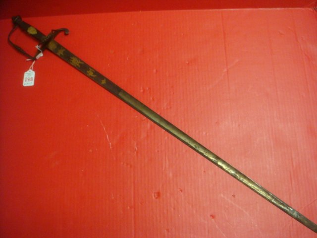 BRAVAIA Straight Sword With NK Initial Grips:: BRAVAIA Straight Sword With NK Initial Grips: Bavarian Crest and Lion on Curved Guard with Checked Grips and Shield with Initials "NK" under Crown. 31 1/2" Blade by G.B. & C. and Engraved Designs and 