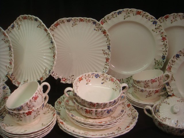 COPELAND SPODE "Wickerdale" Dinnerware:: COPELAND SPODE "Wickerdale" Dinnerware: Includes 9 Each Dinner Plates, Square Luncheon and Bread Plates, 8 Each Salad, Dessert, Flat Soup Bowls, 8 Cups, 9 Saucers, 7 Double Handles Soup Bowls, Sugar L