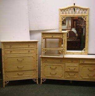 4Pc "Allegro" by THOMASVILLE Faux Bamboo Bedroom Set:: 4Pc "Allegro" by THOMASVILLE Faux Bamboo Bedroom Set: Includes 5 Drawer Gentleman's Chest, 9 Drawer Dresser w/Mirror, Queen Size Bed w/Rails & Two Tiered Single Drawer Night Stand. Pale Yellow