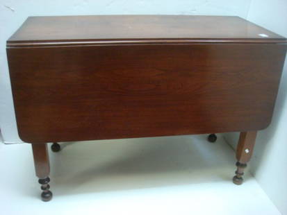 Mahogany Drop Leaf Table with Two Board Top:: Mahogany Drop Leaf Table with Two Board Top: Drop Sides Measure 15 1/2", Supported by Wide Flat Hinge Supports. Turned Legs. 29"T, Top 19" X 42". Estate of Paul J Parker, MD, Hampton. (100-160)