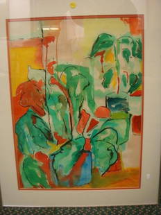 Sgnd L. Cohen Watercolor of Abstract Plants in Vases:: Sgnd L. Cohen Watercolor of Abstract Plants in Vases: Muted Primary & Secondary Colors in Bright Blue Vase. Matted and Framed in Metal Frame. Image 23"T X 17"W. Overall 29"T X 23"W. (200-300)