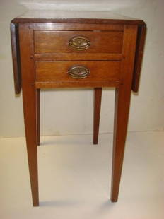 Pair of Pembroke Drop Leaf 2 Drawer End Tables:: Pair of Pembroke Drop Leaf 2 Drawer End Tables: Hinge Supports for Expanding Leaves, Likely Early 20th Century, Tin Hardware with Bail Handles. 27" x 23" (Expanded) x 21". One Needs Restoration. 