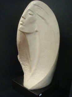 DAVID FISHER Austin Product Star Gazer Bust:: DAVID FISHER Austin Product Star Gazer Bust: Greek Artist, 1981. Contemporary Lady in Profile with Deco Look, Rests on Wooden Plinth. Made of Durastone w/Finish Color Applied by Hand. Company Closed