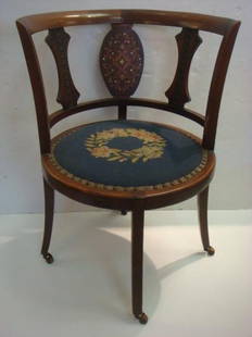 19th C. Corner Chair with Marquetry Inlay:: 19th C. Corner Chair with Marquetry Inlay: Walnut Rounded Crest Rail wit Three Splats. The Center Having Mother of Pearl and Satinwood Foliate Inlay. The Shaped Flanking Splats with Carved Center