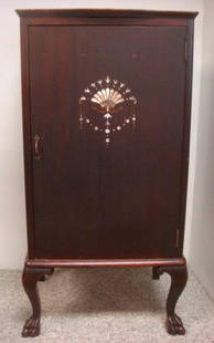 Mahogany Sheet Music Cabinet, Mother of Pearl Inlay:: Mahogany Sheet Music Cabinet, Mother of Pearl Inlay: Single Door Cabinet w/Floral & Fan MOP Inlay at Center Interior with Five Slide out Shelves. Cabinet Raised on Front Cabriole Legs Ending in