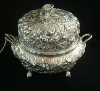 S.E.WARNER Coin Silver Repousse Covered Butter: