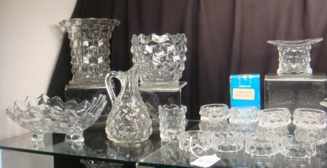 Large Group of 39 FOSTORIA American Table Pieces:: Large Group of 39 FOSTORIA American Table Pieces: Eight Salt Dips, 8 Napkin Rings (4 in Original Box), Sugar, Creamer, 8" and 10" Oval Trays, 7" 3 Toed, 3 Corner Bowl, 9" Relish Boat, 6" Olive Dish, 4