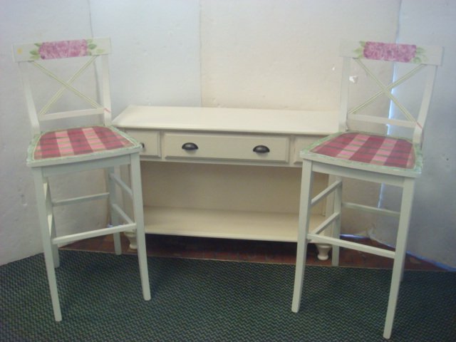 Pair of Hand painted Bar Stools, White Console Table:: Pair of Hand painted Bar Stools, White Console Table: X-Back Stools with Hand painted "Cushions" and Floral Back. 29 1/4"T to Seat. 45 1/2"T at Back. RIVERSIDE Console Table with Center Drawer Over Op