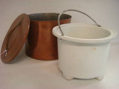 Modern Dansk Copper Ice Bucket with Liner:: Modern Dansk Copper Ice Bucket with Liner: Designed by Jens Harold Quistgaard in Denmark in the 1960's. Brass Top and Side Handles on Copper Lid and Circular Body. Stoneware Liner with Handle. 