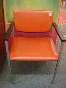 Modern Set of Four STEELCASE INC. Guest Chairs:: Modern Set of Four STEELCASE INC. Guest Chairs: Tangerine Color Vinyl Seats on Steel Frame. Straight Legs Front and Back. Cushioned Seat and Back. Made by Steelcase Inc. Grand Rapids, Michigan. 