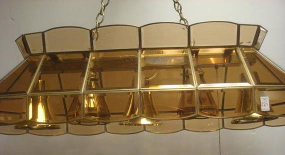 Quality Brass and Beveled Glass Billiard Table Lamp:: Quality Brass and Beveled Glass Billiard Table Lamp: Amber Beveled Glass Panes with Brass Spines-Crown Top. Five Drop Down Lights, Two are Beveled Glass, THree Bell Shaped. 43" x 20". (200-300)