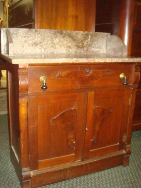 Renaissance Revival Rouge Marble Top Walnut Washstand:: Renaissance Revival Rouge Marble Top Walnut Washstand: Backsplash w/Canted Sides. Shaped Applied Burl Panels On Drawer and Cabinet Fronts. Drop Pulls & Wooden Escutcheons over Double Blind Cabinet, In