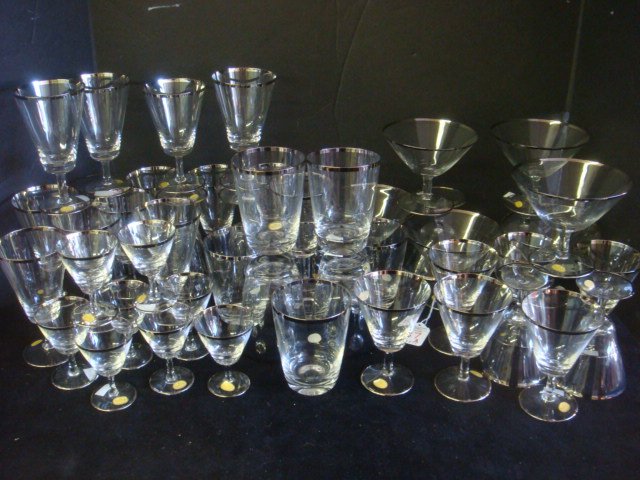 48 Pieces of ROSENTHAL Platinum Band Glassware:: 48 Pieces of ROSENTHAL Platinum Band Glassware: Discontinued in 1960, Serv. for 8 Includes, Cordials, Tumblers, White Wines, Red Wines, Water Goblets, Champagnes/Tall Sherbets. Most w/Gold Rosenthal W