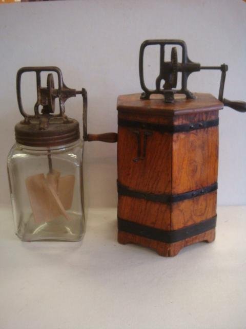 DAZEY Glass and Hexagonal Wooden Butter Churns:: DAZEY Glass and Hexagonal Wooden Butter Churns: Glass Has Embossed 40, 4 Qt. CA 1920, Some Rust on Metal Cap. Wooden Churn is 11"T. Both Churns Have Wooden Paddles Inside and Crank. (120-200)
