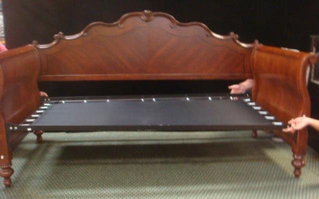 Large Mahogany Sleigh Daybed with Mattress Support:: Large Mahogany Sleigh Daybed with Mattress Support: Matched Veneer Back and Sides with Molded Scroll Crest. S Scroll Sides. 46"T, 84"W, 40"D. (500-800)