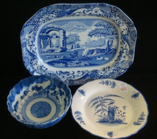 Collection of Blue and White Platter, Bowl and Dish:: Collection of Blue and White Platter, Bowl and Dish: Blue SPODE Italian, 1816 Design- 14" Platter. Transfer Ware Retails for $105. Sadek China Plate by J WillFred Marked Hp, Robed Figure w/Bird in Cen