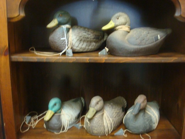 ARIDUK & HIGGINS Working Duck Decoys with Weights:: ARIDUK & HIGGINS Working Duck Decoys with Weights: Two Ariduck General Fibre Co Featherweight from St. Louis, MO. Three J.C. Higgins Life-Like Decoys, Sears Robuck and Co. (50-100)