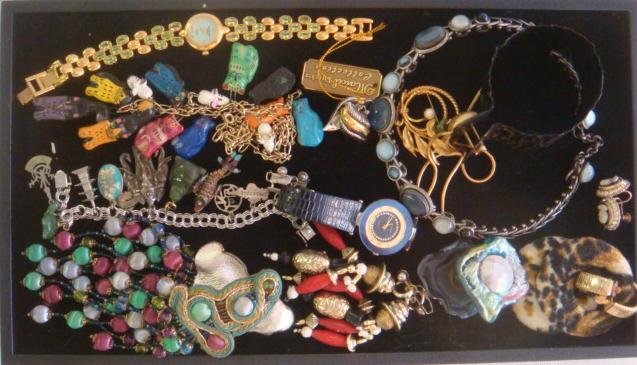 Large Collection of Fine Costume Jewelry:: Large Collection of Fine Costume Jewelry: Blue Stone Choker, Drucker Watch with Peridot Band, Clip-On Earrings, Sterling & Jade Charm Bracelet with 11 Charms, Cat Necklace, Cuff Bracelet, Quemex Wrist
