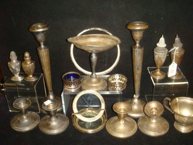 Group of Assorted Sterling Silver Pieces:: Group of Assorted Sterling Silver Pieces: Some Weighted. Includes Star Cut Glass Coasters w/Sterling Rims. Pierced Salt Dip Frames, 1 w/Cobalt Liner, Sterling Filigree Bowl Rim Frame, 2 Tall Candle St
