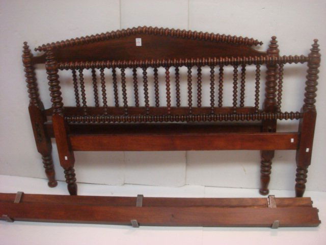 19thC. Full Size Jenny Lind Spool Bed with Rails:: 19thC. Full Size Jenny Lind Spool Bed with Rails: Headboard and Footboard Each has 10 Spool Spindles. Headboard is 38"T at Peak and Footboard is 36"T. Includes Rails and Bed Slats. (500-800)