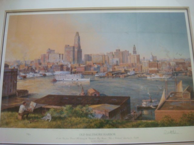 PAUL McGEHEE Print of "Old Baltimore Harbor":: PAUL McGEHEE Print of "Old Baltimore Harbor": 1930 View of Working Waterfront from Federal Hill. Signed LR, #1221/2000. Panorama of Citys' Port w/Self Portrait of Artist, LL. Self Taught Virginia Arti