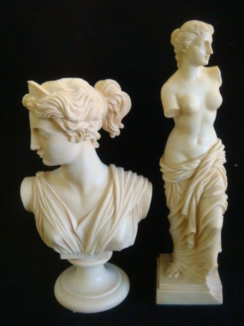 Vintage G. Ruggeri Alabaster Resin Statues:: Vintage G. Ruggeri Alabaster Resin Statues: Venus De Milo is 15"T. Artemis Bust is 12 3/4"T. Both Marked G. Ruggeri. Venus Also has a Triangle Mark on Base. (100-200)