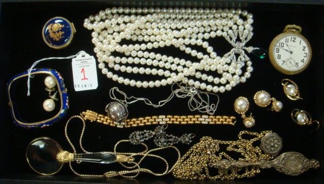Collection of Vintage Jewelry, Watch, Lorngette, More:: Collection of Vintage Jewelry, Watch, Lorngette, More: Antique Lorngette/Opera Glass with Slide Chain. Panette & Pearl Button Earrings. Magnifying Glass with Prism Handle on Chain. Marcasite Drop Earr