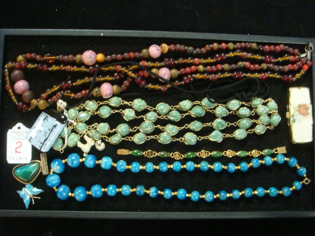 Vintage Costume Jewelry and Pill Box:: Vintage Costume Jewelry and Pill Box: Jade Bracelet with Marquise Cut Stones. Turquoise, Green & Red/Pink Colored Stone Bead Necklaces. Poodle & Sterling Enamel Butterfly Pin. Turquoise Pin in Filigre