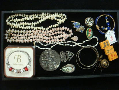 Collection of New and Vintage Costume Jewelry:: Collection of New and Vintage Costume Jewelry: Bella Perlina Bracelet From Pandora Inspired Collection with 9 Charms. Scenic Repousse Beveled Hand Mirror. Snake Bracelet & MOP Bangle. Mosaic Pin,